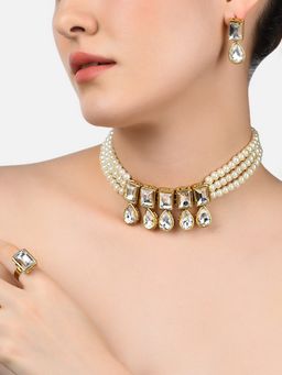 Zaveri Pearls - Gold Tone Multistrand Pearls Choker Necklace Earring & Ring Set-ZPFK10724