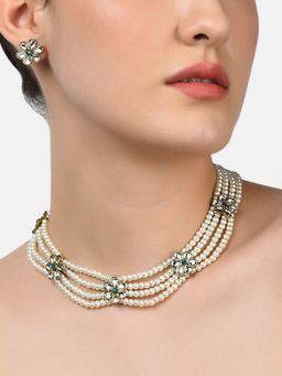 Zaveri Pearls - Gold Tone Kundan Flowers Multistrand Pearls Necklace & Earring Set-ZPFK10762