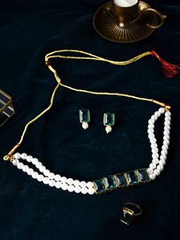 Zaveri Pearls - Green Ethnic Multistrand Pearls Choker Necklace Earring & Ring Set-ZPFK10768