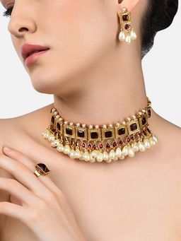 Zaveri Pearls - Red Traditional Choker Necklace Earring & Ring Set-ZPFK10773