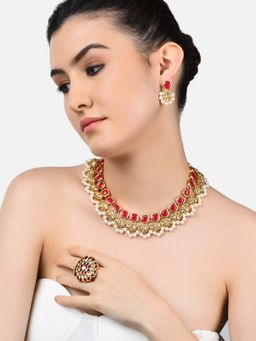 Zaveri Pearls - Red Kundan Traditional Necklace Earring & Ring Set-ZPFK10776