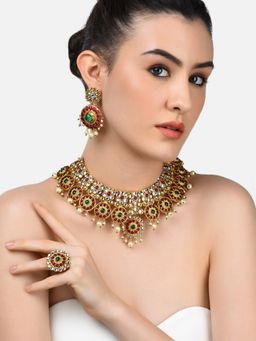 Zaveri Pearls - Green & Pink Kundan & Pearls Bridal Necklace Earring & Ring Set-ZPFK10777