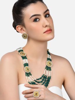 Zaveri Pearls - Green Beads Multistrand Long Kundan Necklace Earring & Ring Set-ZPFK10779