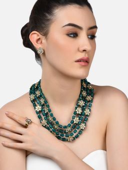 Zaveri Pearls - Green Beads Ethnic Kundan Flowers Necklace Earring & Ring Set-ZPFK10801