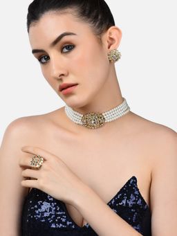 Zaveri Pearls - Gold Tone Multistrand Kundan Choker Necklace Earring & Ring Set-ZPFK10808
