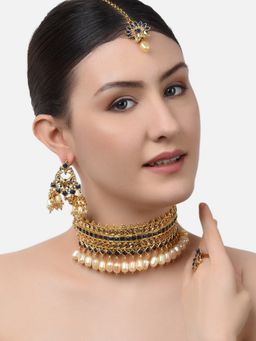 Zaveri Pearls - Blue Stones Choker Necklace Earring Maangtikka & Ring Set-ZPFK10810