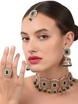 Zaveri Pearls - Green Stone & Beads Choker Necklace Earring Maangtikka & Ring Set-ZPFK10814