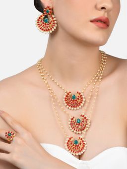 Zaveri Pearls - Red & Green Layered South Indian Style Necklace Earring & Ring Set-ZPFK10818