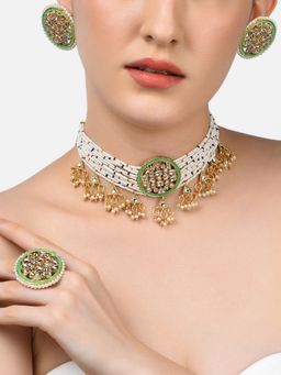 Zaveri Pearls - Multicolor Beaded Ethnic Kundan Choker Necklace Earring & Ring Set-ZPFK10833