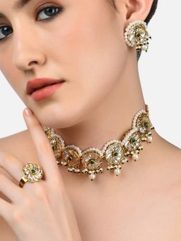 Zaveri Pearls - Green Traditional Kundan Choker Necklace Earring & Ring Set-ZPFK10834