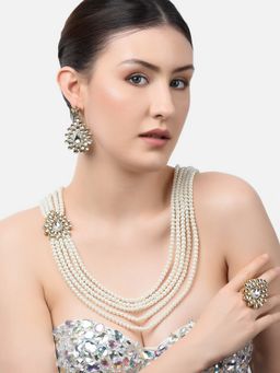 Zaveri Pearls - Gold Kundan Side Brooch Multilayered Necklace Earring & Ring Set-ZPFK10837
