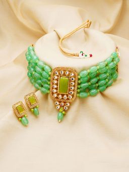 Zaveri Pearls - Green Multistrand Beaded Kundan Choker Necklace & Earring Set-ZPFK11004