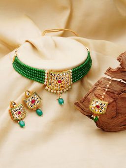 Zaveri Pearls - Green Multistrand Kundan Pink Necklace Earring & Maangtikka Set-ZPFK11007
