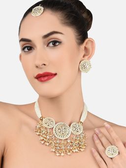 Zaveri Pearls - Gold Ethnic Kundan Necklace Earrings Maangtika & Ring Set For Women-(ZPFK11238)