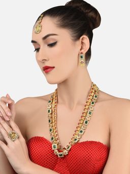 Zaveri Pearls - Green and Pink South Indian Temple Necklace Earring Maangtikka Ring Set-ZPFK11662