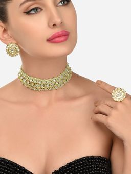 Zaveri Pearls - Green Crystal Beads and Kundan Woven Choker Necklace Earring and Ring Set-ZPFK12115
