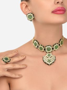 Zaveri Pearls - Green Kundan and Beads Ethnic Choker Necklace Earring and Ring Set-ZPFK12116