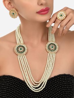 Zaveri Pearls - Green Multi Layered Two Sided Brooch Long Necklace Earring and Ring Set-ZPFK12120