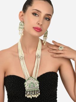 Zaveri Pearls - Green Meenakari Long Multi Strand Bridal Necklace Earring and Ring Set-ZPFK12126