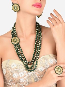 Zaveri Pearls - Green Beads Multistrand Long Side Brooch Necklace Earring and Ring Set-ZPFK12134