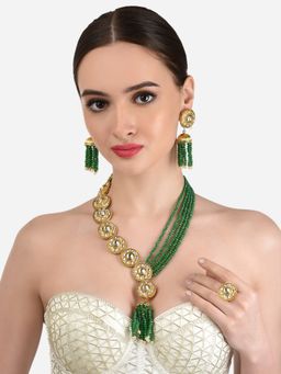 Zaveri Pearls - Green Crystal Multistrand Kundan Necklace Earring and Ring -ZPFK12208 (Set of 3)