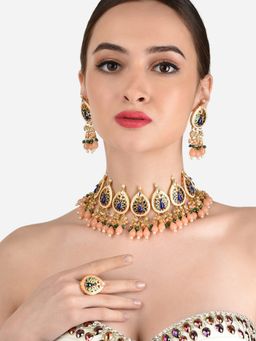 Zaveri Pearls - Multicolor Meenakari Peacock Inspired Necklace Earring and Ring -ZPFK12209 (Set of 3)