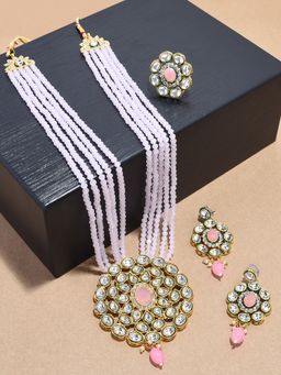 Zaveri Pearls - Pink Crystals Multistrand Kundan Necklace Earring and Ring -ZPFK12476 (Set of 3)