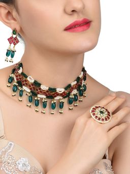 Zaveri Pearls - Pink & Green Kundan & Pearls Choker Necklace Earring & Ring Set-ZPFK11227