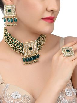 Zaveri Pearls - Green Crystals Multistrand Choker Necklace Earring & Ring Set-ZPFK11246