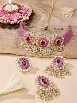 Zaveri Pearls - Set Of 3 Purple Meenakari Choker Necklace Earring and Ring Set-ZPFK14815