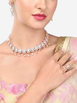Zaveri Pearls - Pink Dazzling Stones Sleek Choker Necklace Earring & Ring (Set Of 3)