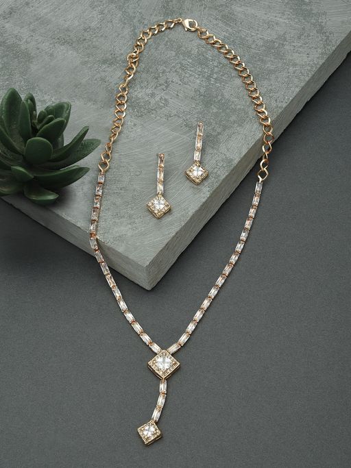 Zaveri Pearls Rose Gold Baguette Diamonds Necklace & Earring Set-ZPFK15232
