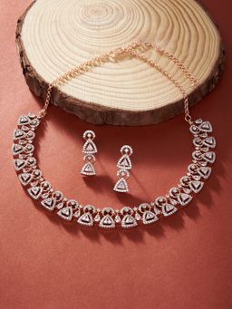 Zaveri Pearls - Rose Gold Cubic Zirconia Triangular Necklace Earring Set-ZPFK15246