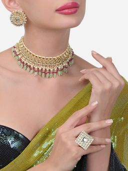 Zaveri Pearls - Green Pink Cluster Kundan Choker Necklace Earring and Ring Set-ZPFK15655