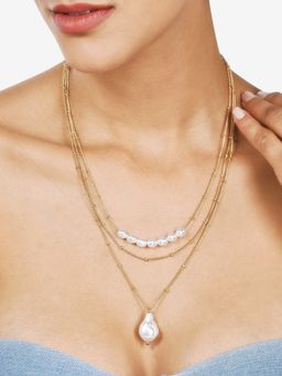 Zaveri Pearls - Gold Tone Contemporary 3 Layers Pearl Necklace & Stud Earring Set ZPFK10604