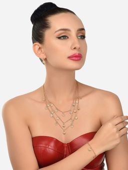 Zaveri Pearls - Gold Tone 3 Layers Dangling Hearts Classy Chain Earring & Bracelet Set ZPFK12070
