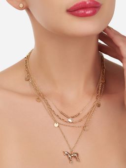 Zaveri Pearls - Gold Tone 3 Layers Contemporary Unicorn Design Necklace & Earring Set ZPFK12168