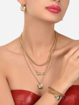 Zaveri Pearls - Gold Tone 3 Layers Contemporary Love Butterfly Chain Earring & Bracelet Set ZPFK14136
