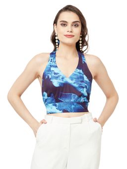 Attic Salt - Blue Printed V-neck Crop Top