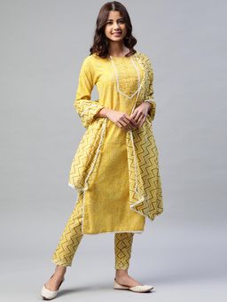 Yuris - Women Yellow & Brown Printed Kurta with Trousers and Dupatta (Set of 3)