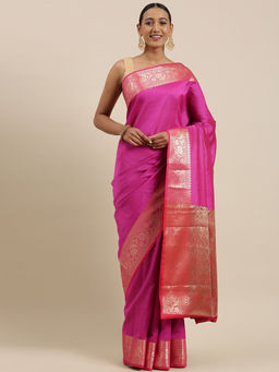 Banarasi Silk Works - Magenta Valkalam Katan Silk Anchal Saree with Unstitched Blouse