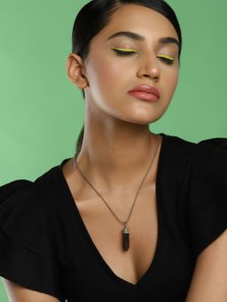 Ruby Raang Studio - Brown Natural Stone Cylinder Silver Plated Handcrafted Neckpiece