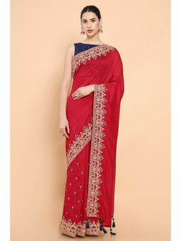 Soch - Women Red Cotton Embroidered Saree with Unstitched Blouse