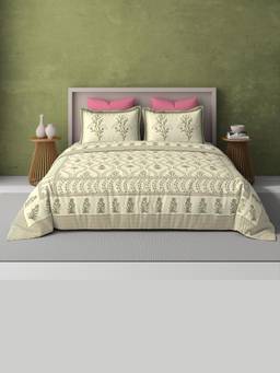 House of Gulab - Green Percale Cotton Super King Handblock Print Bedsheet With 2 Pillow Covers