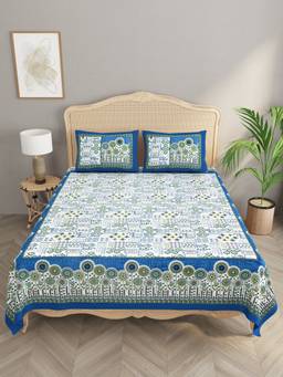 House of Gulab - Blue Cotton Double King Bedsheet With 2 Pillow Covers