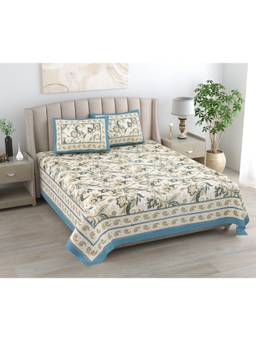House of Gulab - Blue Floral Print Cotton Double King Bedsheet With 2 Pillow Covers