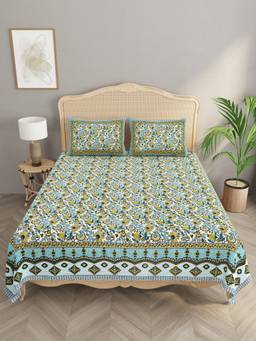 House of Gulab - Green Double King Bedsheet With 2 Pillow Covers