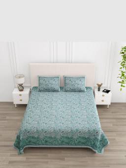 House of Gulab - Blue Floral Print Cotton Double King Bedsheet with 2 Pillow Covers