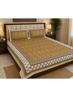 House of Gulab - Mustard Bedsheet King Size Ethnic Motifs Double Bedsheet With 2 Pillow Covers