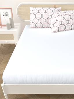 House of Gulab - White Premium Cotton Fitted Bedsheet with 2 Printed Pillow Covers